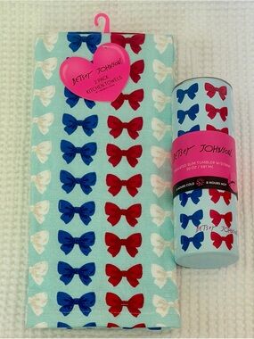 Betsey Johnson Patriotic Bows Kitchen Towels Slim Tumbler Matching Gift Set NWT